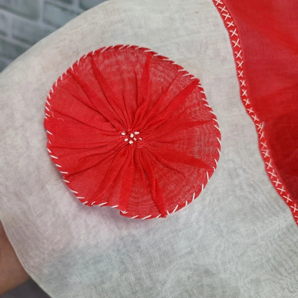 Vintage‎ 50s Red White Sheer Organza Half Apron Rosette Cross Stitch 50s Pinup